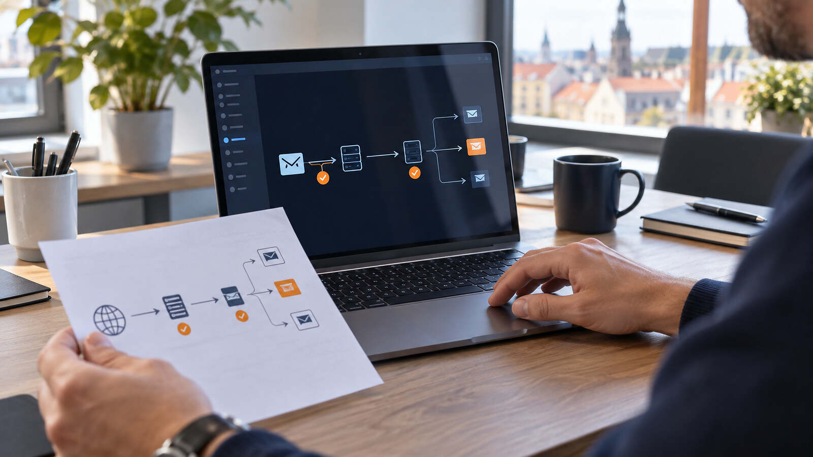 Ein IT-Profi prüft den sicheren Versandweg geschäftlicher E-Mails